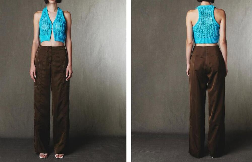 Kijun Brown Satin Bow Pants High-Waisted Wide-Leg Casual Zip Fly Size Medium M